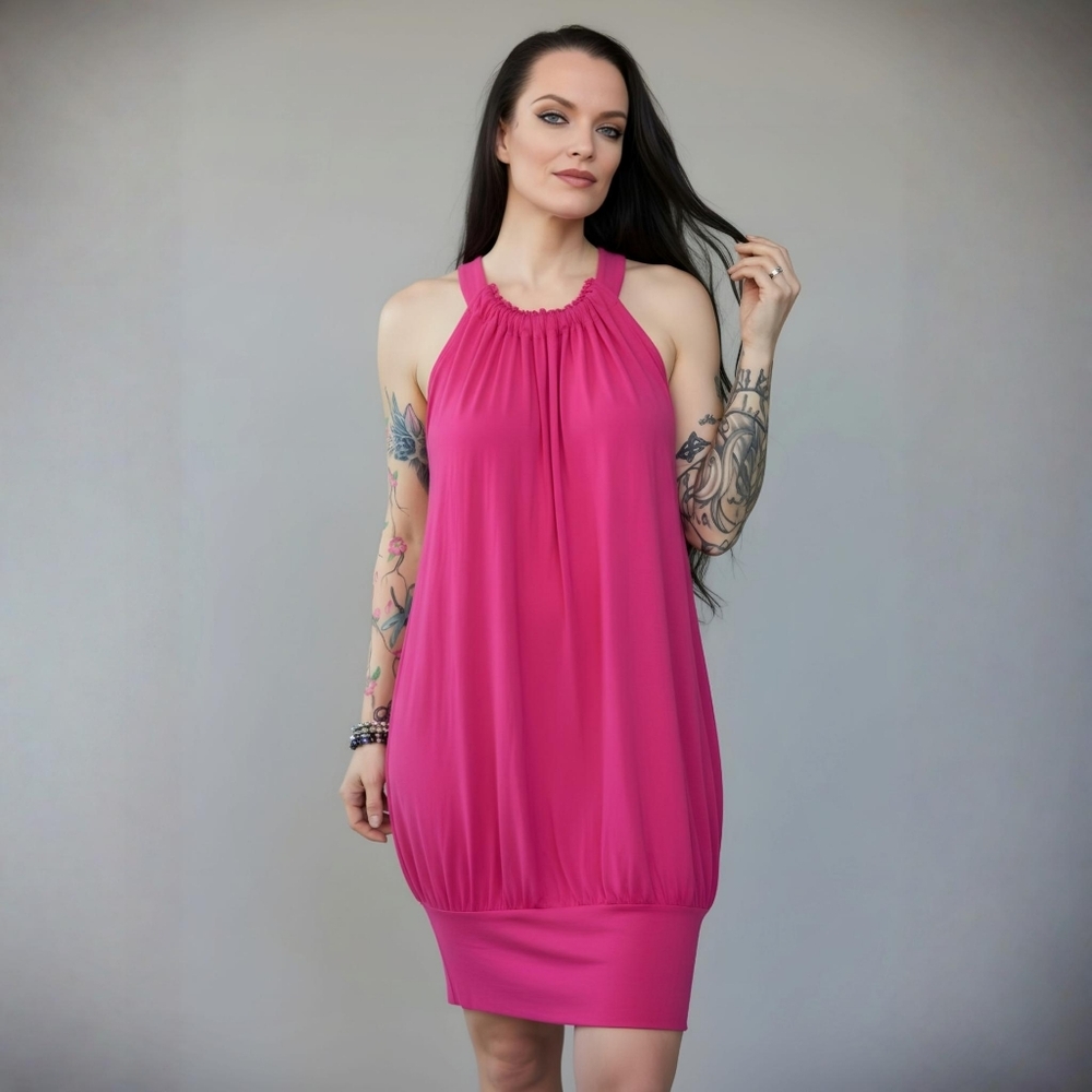 Express ✦ Bright Pink Halter Mini Dress ✦ Soft Modal w/ Stretch Pull-Over L EUC